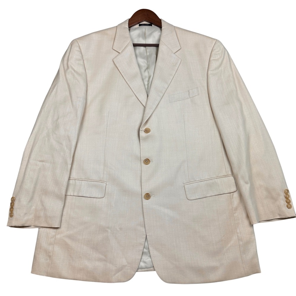 Lauren Ralph Lauren Mens 46L Silk Wool Herringbone Blazer Cream Beige Sport Coat